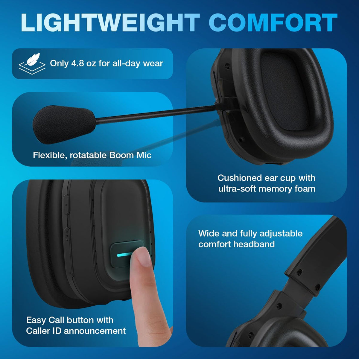 Trucker Bluetooth Headset with Microphone - Wireless Headset with Mic and Noise Canceling Technology, Adjustable Headband, for Truck Drivers, Home Office, Work and Driving