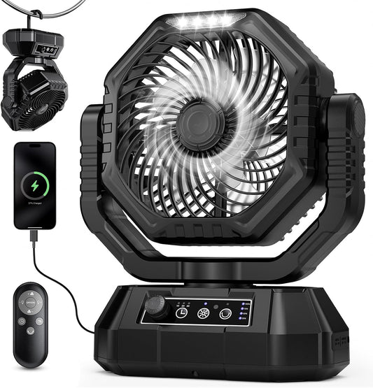 Camping Fan Rechargeable, Oscillating Battery Powered Hanging Tent Fan with Light and Remote, Portable for Camp, Outdoor, Emergency Power Outage, Fishing, RV Travel (Black)