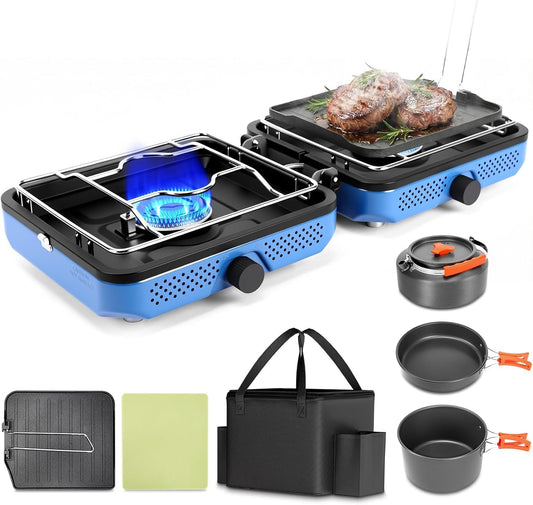 Camping Stove 2 Burner Foldable Propane Camping Stove with Cookware | 30000 BTU Perfect for Camping Backyard Tailgating,Portable Gas Stove with Cookware Set and Carry Bag, Outdoor Use,Blue