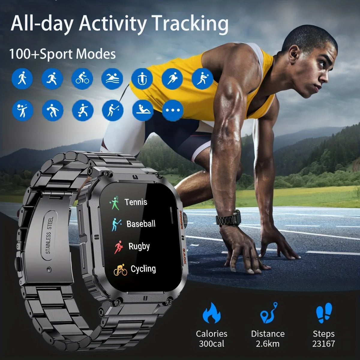 Outdoor Sports Fitness Smartwatch for Men 1.96 Inch Screen Bluetooth Calling Waterproof Watches Blood Oxygen Reloj Hombre