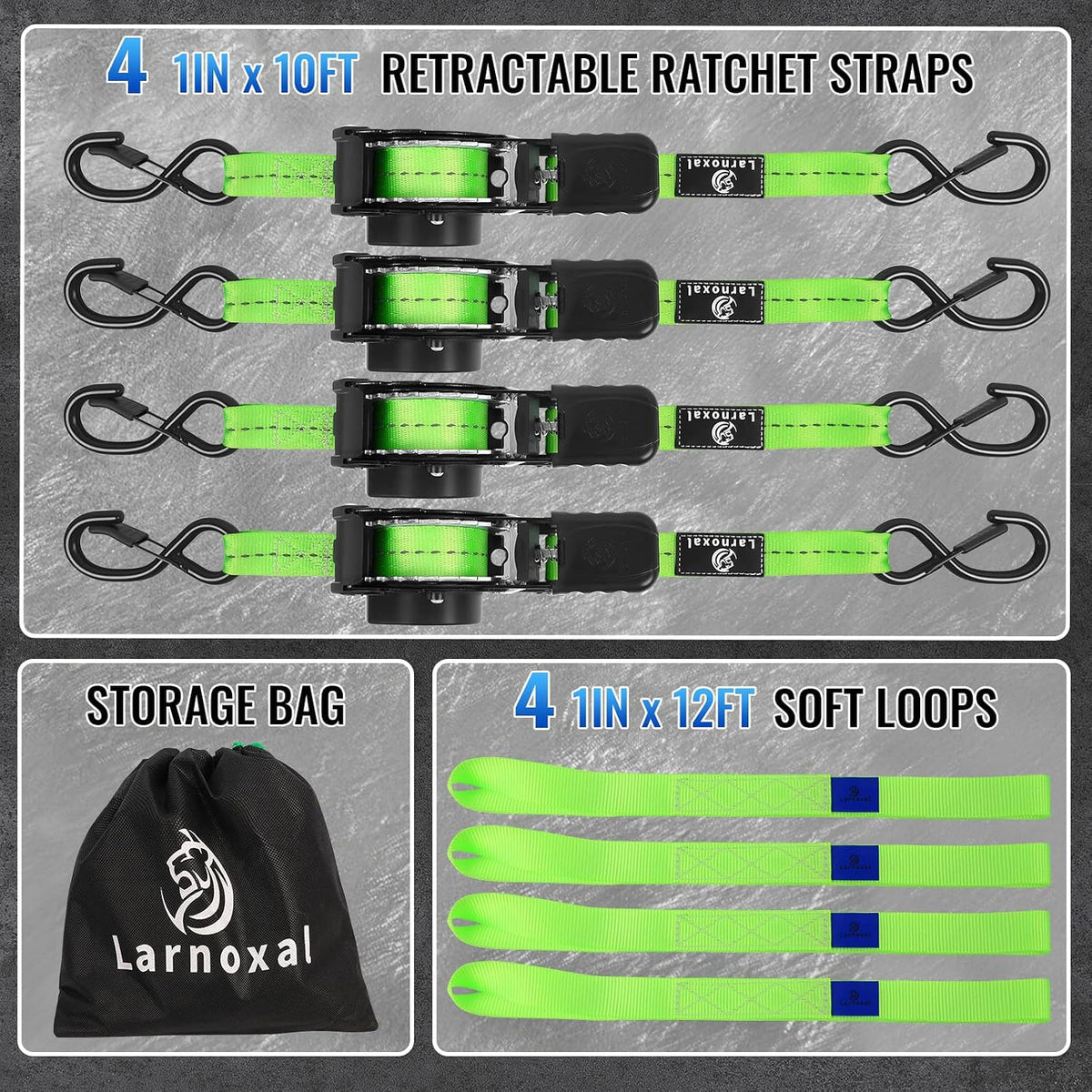 Retractable Ratchet Straps 4 Pack-1,500 Lbs Break Strength, Green | 1 in X 10 Ft Heavy Duty Retractable Ratchet Tie down Straps with S Hooks Set for Truck, Cargo Van, Trailer, Motorcycle