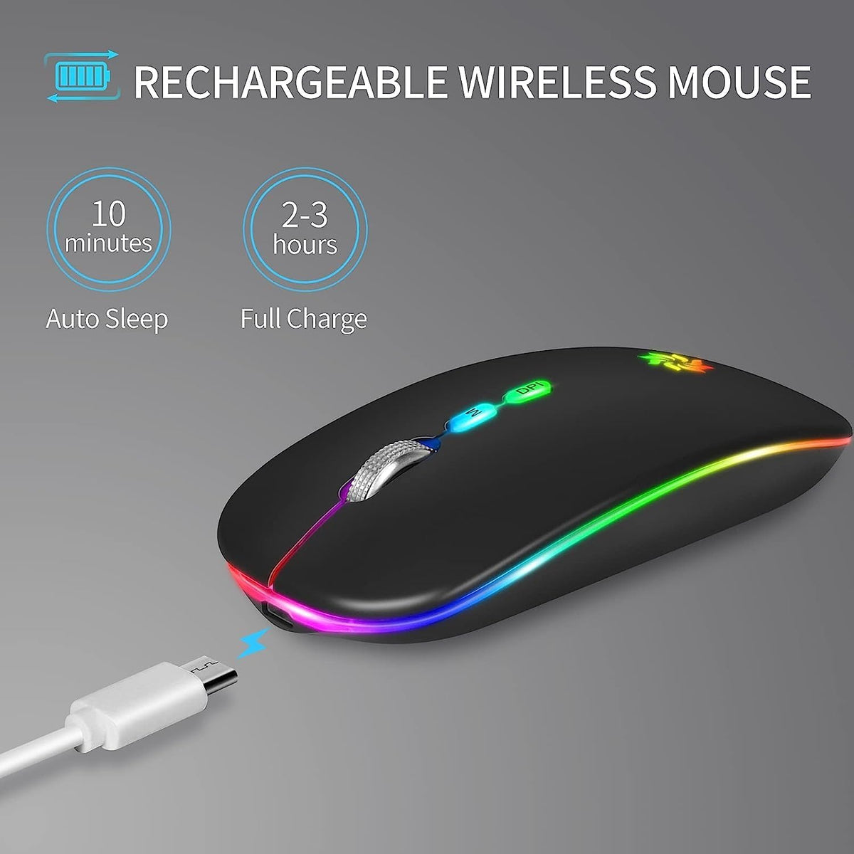 Wireless Mouse 2.4G, Black | LED Backlit Wireless Mouse, Slim Silent Rechargeable Wireless Mouse for Laptop, Computer, Macbook, with USB & Type-C Receiver