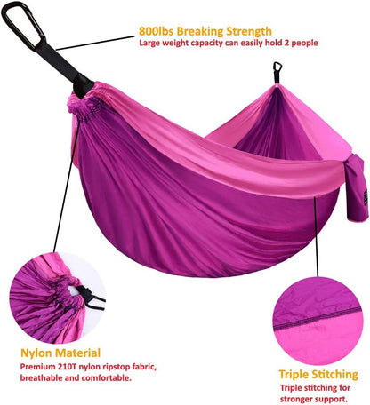 Camping Hammock, Double Hammock with Ropes, USA Brand Lightweight Portable Mens Womens Kids, Camping Accessories Gear (Fuchsia and Pink, 2 Person)