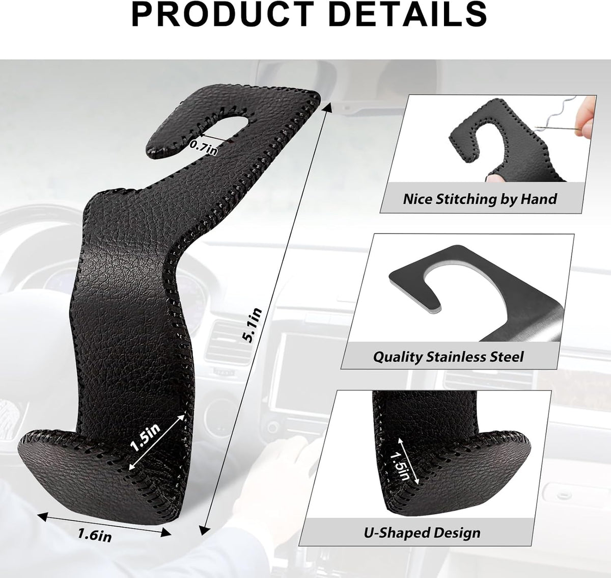 Car Headrest Hooks, 2 Pack Leather Car Purse Holder, Car Back Seat Organizer for Purse Coats Umbrellas Groceries
