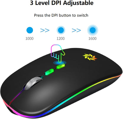 Wireless Mouse 2.4G, Black | LED Backlit Wireless Mouse, Slim Silent Rechargeable Wireless Mouse for Laptop, Computer, Macbook, with USB & Type-C Receiver