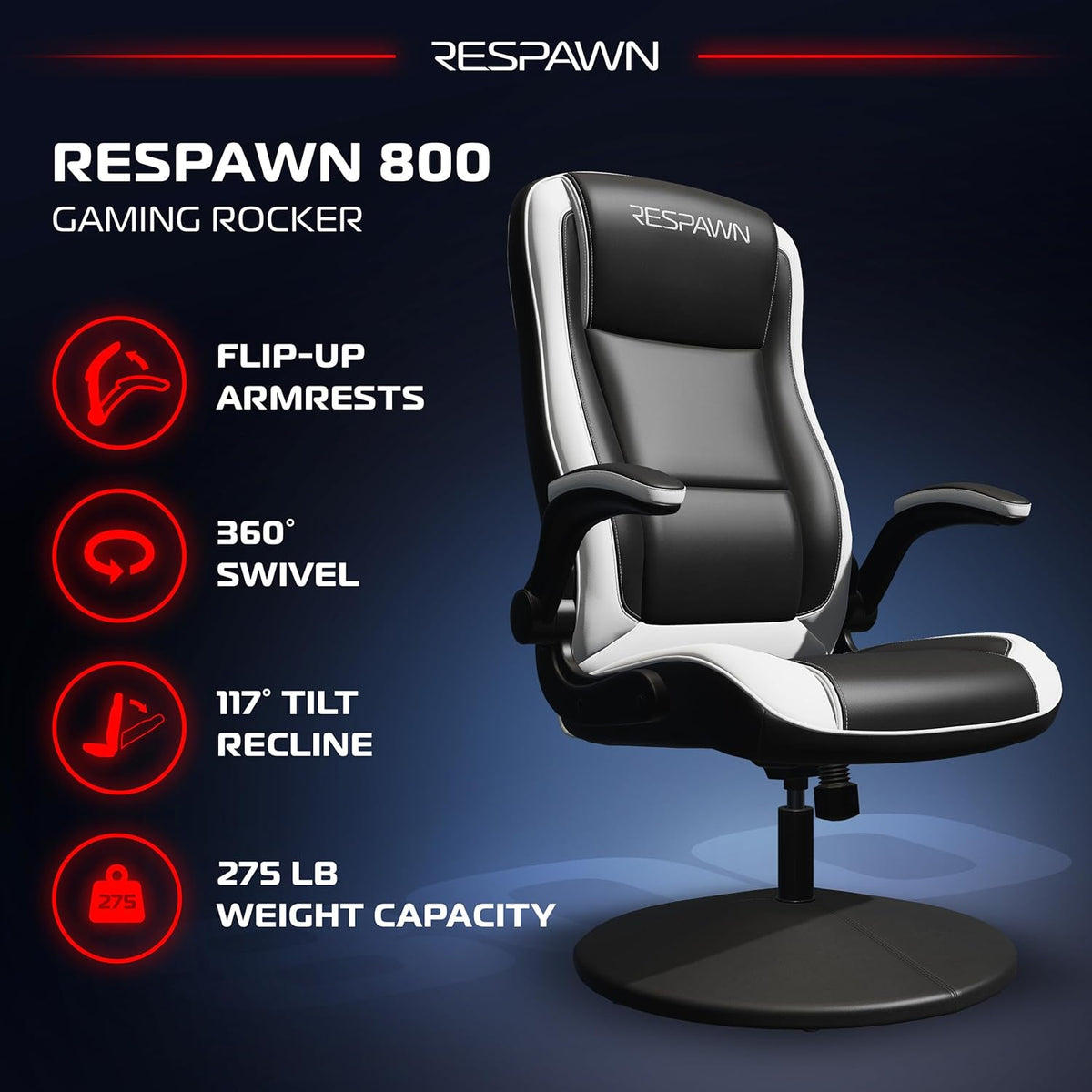 800 Console Rocker Gaming Chair, Swivel Seat with Lumbar Support | 360° Swivel Rocker Gaming Chair with Lumbar Support, Flip-Up Arms and Stable Base for Console Gaming or Reading.