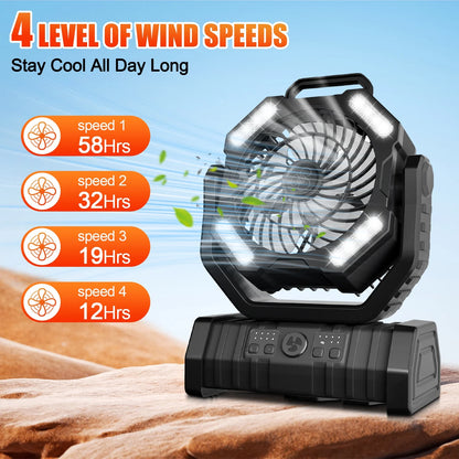 Camping Fan,Portable Fan with LED Lantern,20000Mah Rechargeable Battery Powered Fan with 270°Head Rotation, 4 Speed Tents Fan for Camping Picnic, Barbecue, Fishing, Travel, Home, Black
