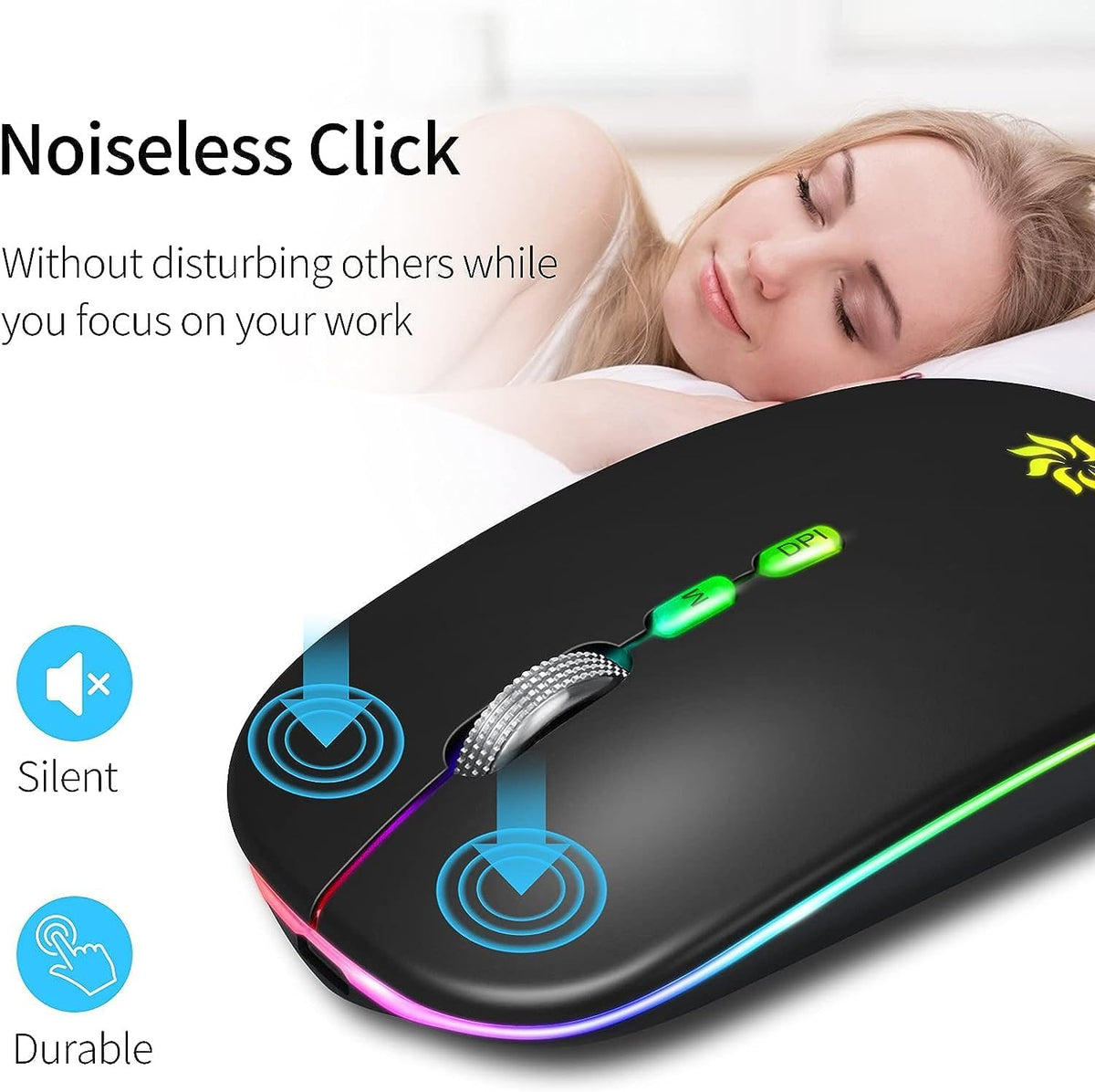 Wireless Mouse 2.4G, Black | LED Backlit Wireless Mouse, Slim Silent Rechargeable Wireless Mouse for Laptop, Computer, Macbook, with USB & Type-C Receiver