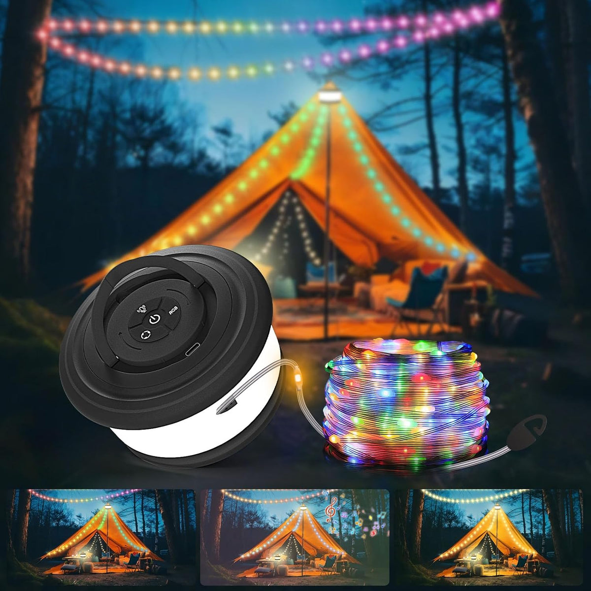 Camping String Lights, 3 in 1 Upgraded Retractable RGB Outdoor String Lights with 19 Lighting Modes, Quick 30S Recovery, 32.8 FT Portable Tent Lights, Rechargeable Camping Lantern (Black)