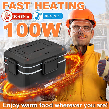 Electric Lunch Box for Adults Men 100W 3.5L, 12V/24V/110V | Portable Heated Lunch Box, 304 Stainless Steel & PP Material, Leak-Proof, Fast Heating, with Bag for Car Truck Office Work