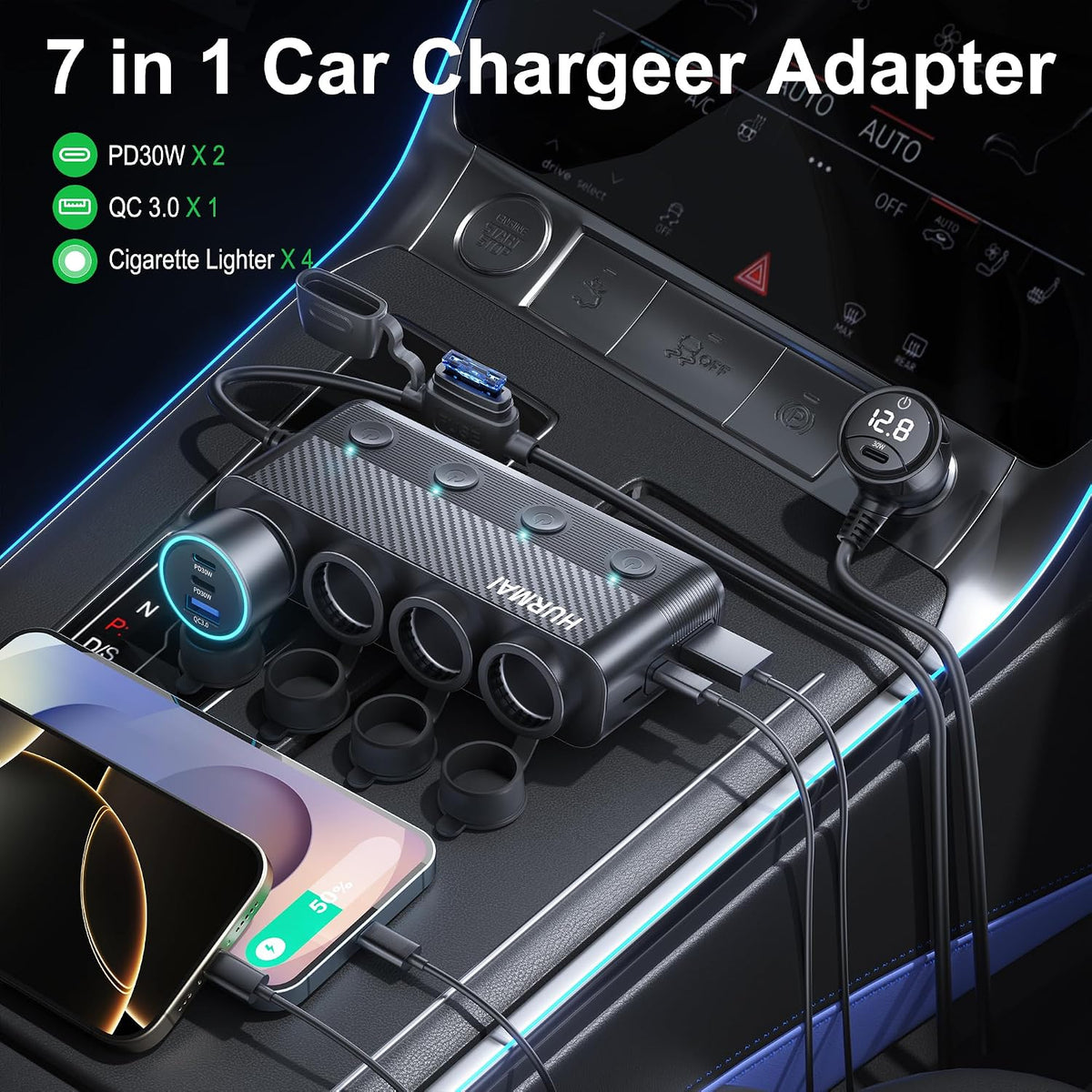 Cigarette Lighter Splitter 216W 4 Socket USB C Car Adapter | 216W PD30W & QC3.0 USB-C Fast Charge. 4 Sockets. 12V/24V. Independent Switches for Each Socket, Durable for Trucks/Cars.