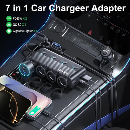 Cigarette Lighter Splitter 216W 4 Socket USB C Car Adapter | 216W PD30W & QC3.0 USB-C Fast Charge. 4 Sockets. 12V/24V. Independent Switches for Each Socket, Durable for Trucks/Cars.