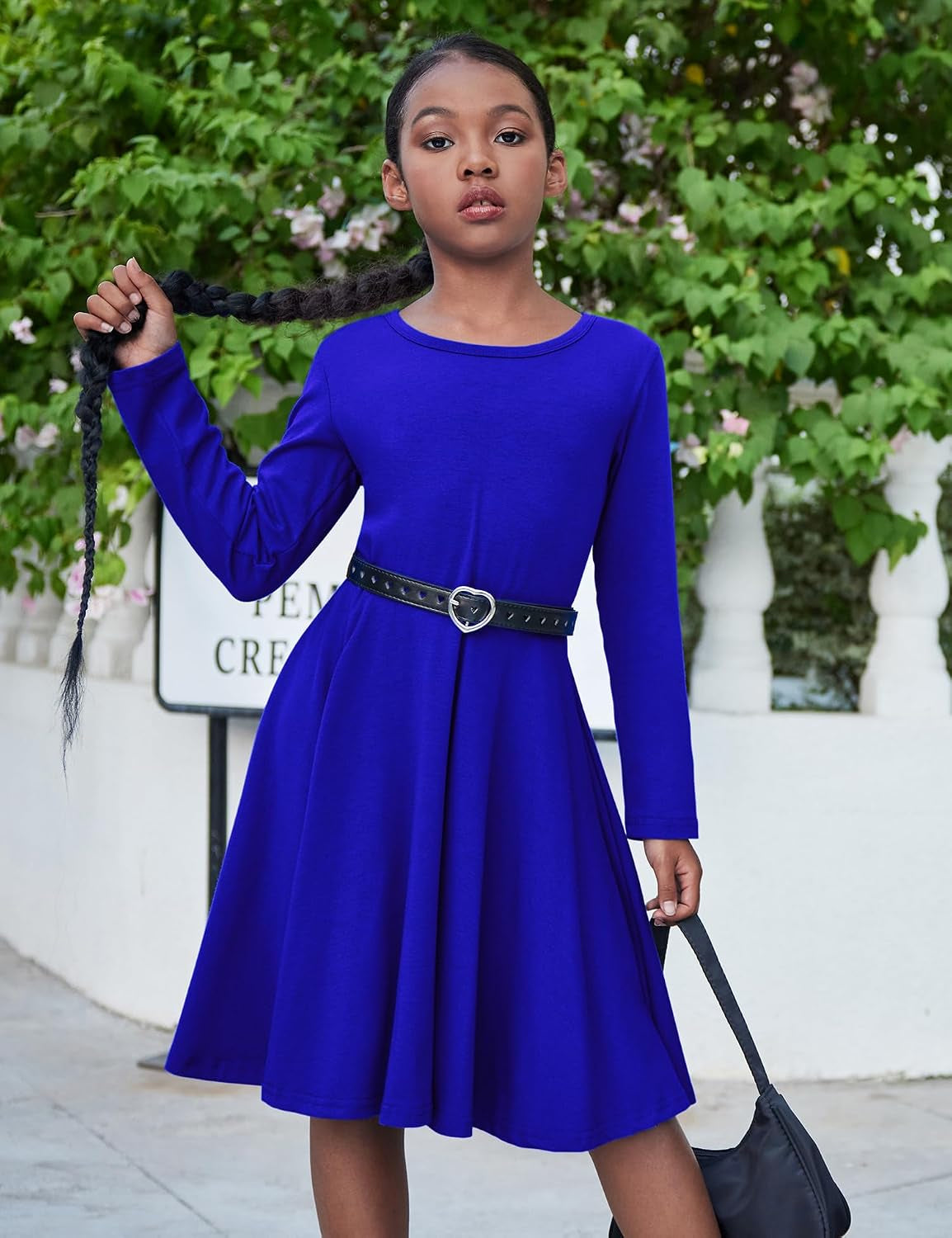 Girls Long Sleeve Stretchy a Line Twirly Skater School Party Dress | Girls Tween Holiday T-Shirt Classic Cotton Fall Winter Dress for Kids 1-14 Years