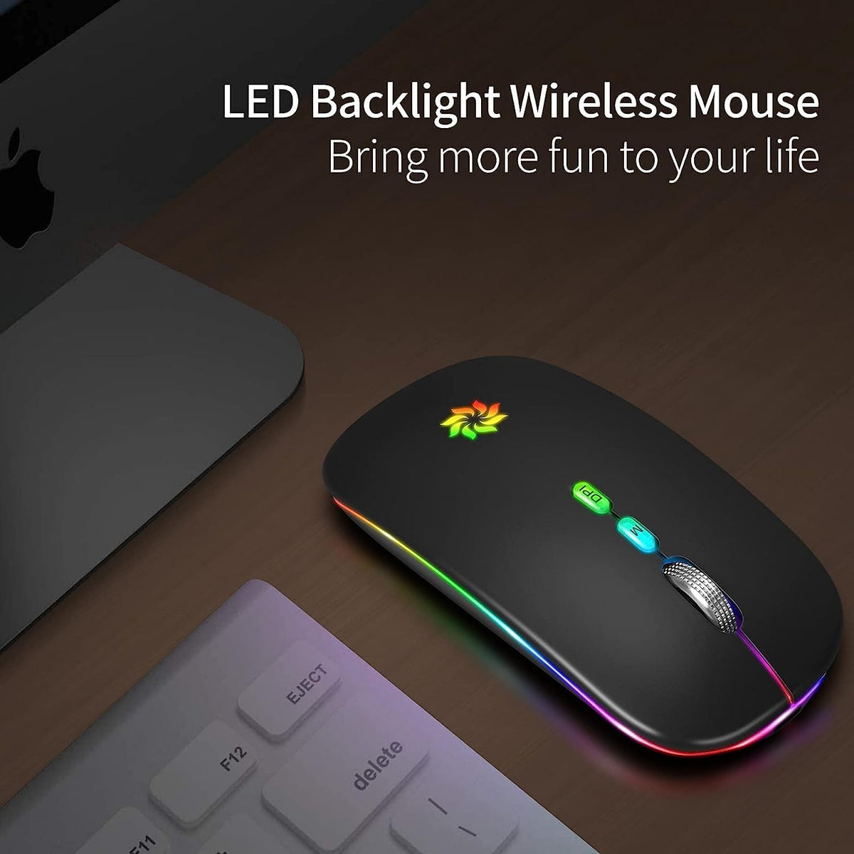 Wireless Mouse 2.4G, Black | LED Backlit Wireless Mouse, Slim Silent Rechargeable Wireless Mouse for Laptop, Computer, Macbook, with USB & Type-C Receiver