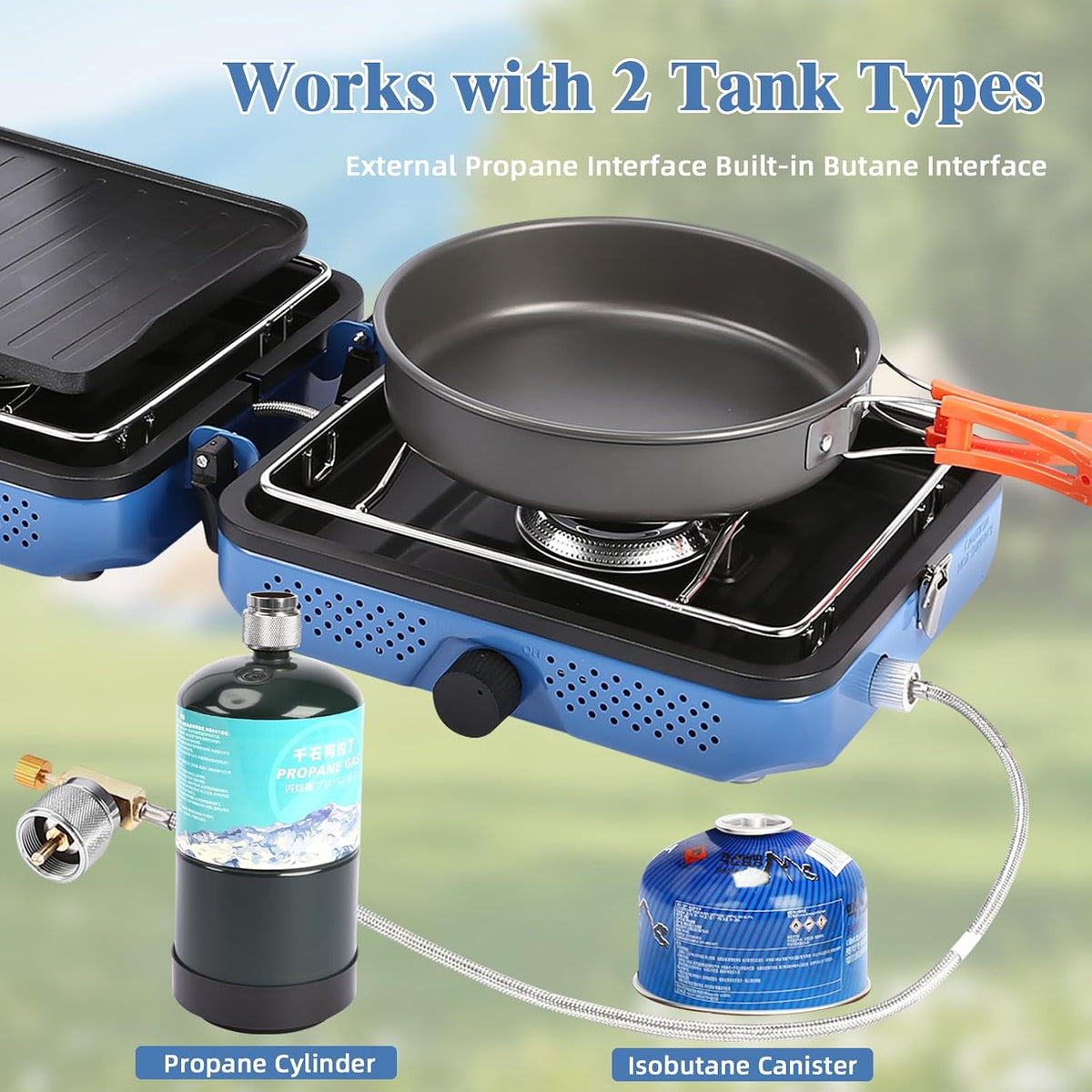 Camping Stove 2 Burner Foldable Propane Camping Stove with Cookware | 30000 BTU Perfect for Camping Backyard Tailgating,Portable Gas Stove with Cookware Set and Carry Bag, Outdoor Use,Blue