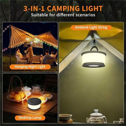 Camping String Lights, 3 in 1 Upgraded Retractable RGB Outdoor String Lights with 19 Lighting Modes, Quick 30S Recovery, 32.8 FT Portable Tent Lights, Rechargeable Camping Lantern (Black)