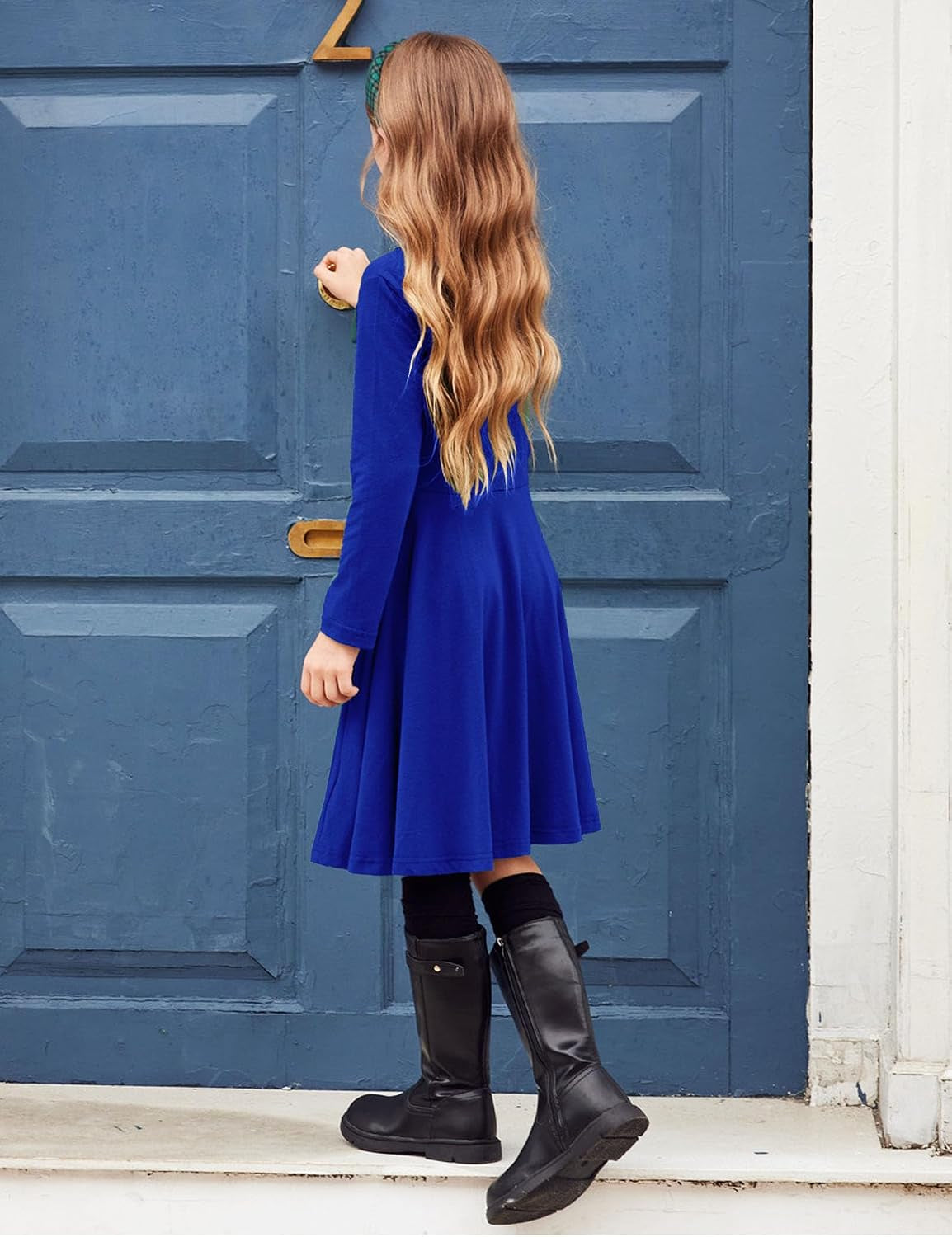 Girls Long Sleeve Stretchy a Line Twirly Skater School Party Dress | Girls Tween Holiday T-Shirt Classic Cotton Fall Winter Dress for Kids 1-14 Years