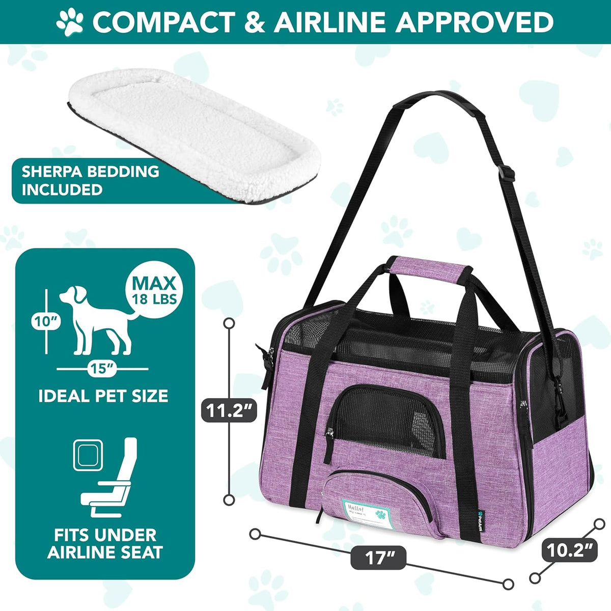 Airline Approved Pet Carrier Cats & Small Dogs, Small Heather Purple | Soft Sided TSA Travel Bag, Sherpa Bed, Breathable Mesh Ventilation, Collapsible Bowl, Fits under Seat, up to 18 Lbs