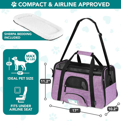 Airline Approved Pet Carrier Cats & Small Dogs, Small Heather Purple | Soft Sided TSA Travel Bag, Sherpa Bed, Breathable Mesh Ventilation, Collapsible Bowl, Fits under Seat, up to 18 Lbs