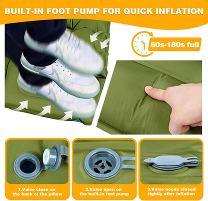 Ultralight Sleeping Pad for Camping, Camping Mat with Pillow | Built-In Foot Pump Inflatable Sleeping Pads Compact for Camping Backpacking Hiking Traveling Tent, Single, Green