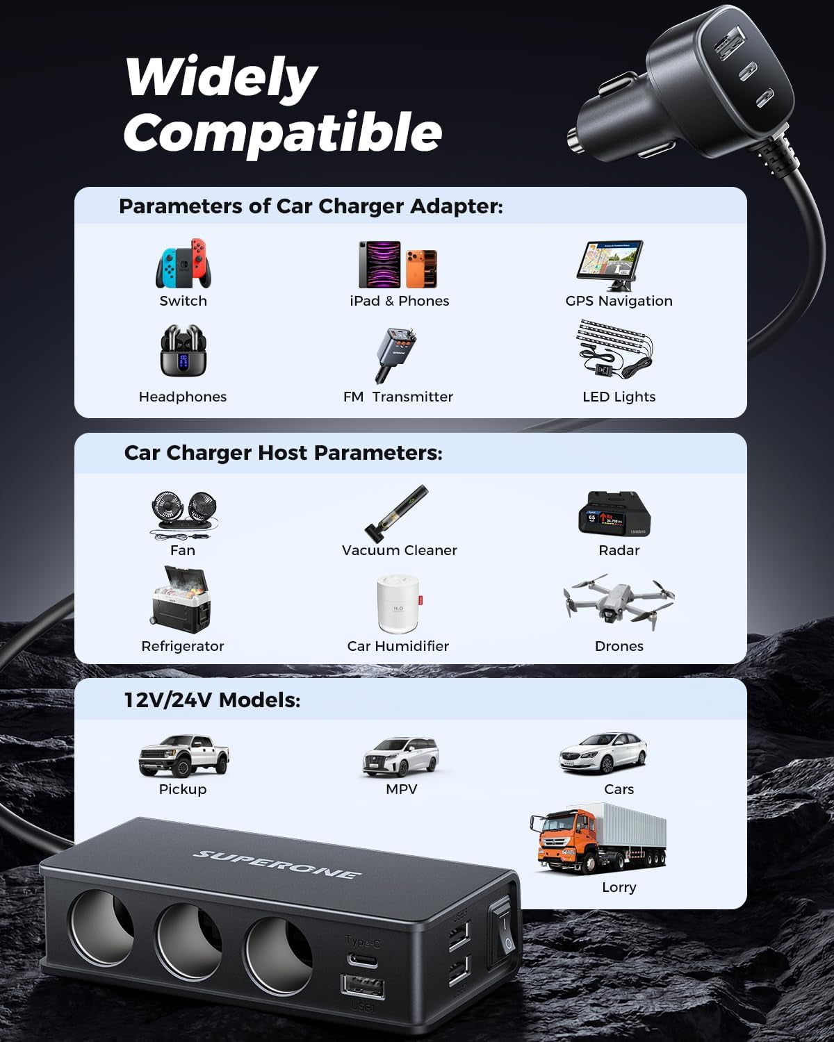 10 in 1 Cigarette Lighter Splitter,  3-Socket Adapter with 7 Ports | PD45W USB-C Fast Charging, Cigarette Lighter Adapter, 12V/24V USB C Car Charger Splitter, for Truck SUV RV Laptop Iphone GPS