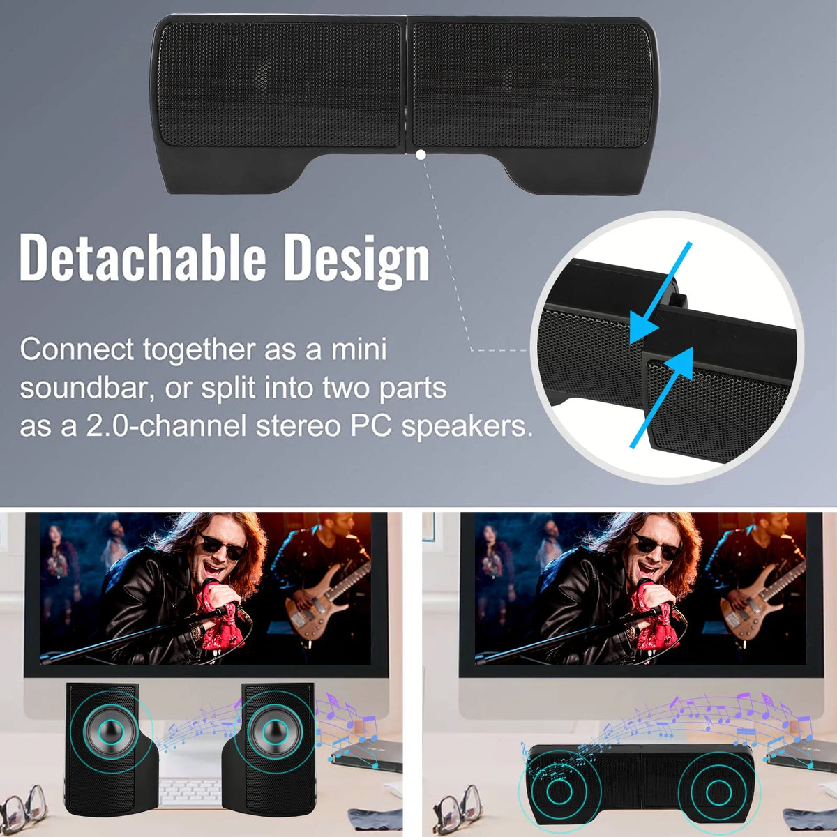 Computer Speakers for Laptop, Mini Clip-On Stereo Sound Bar USB Powered PC Speaker with Surround Bass, Volume Control, 3.5Mm Aux Wired Speaker for Desktop Monitor Notebook Tablets Smartphone