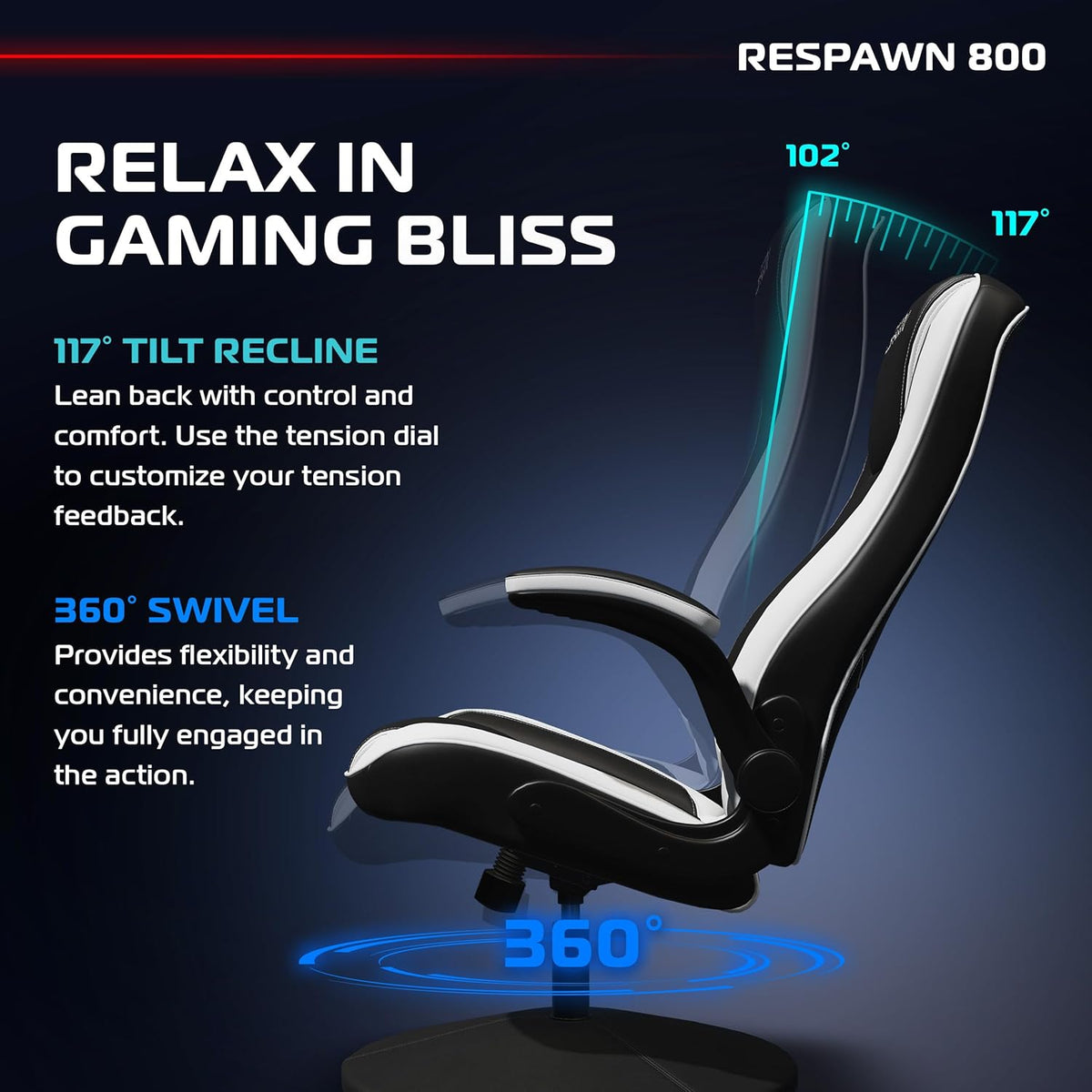 800 Console Rocker Gaming Chair, Swivel Seat with Lumbar Support | 360° Swivel Rocker Gaming Chair with Lumbar Support, Flip-Up Arms and Stable Base for Console Gaming or Reading.
