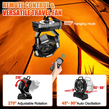 Camping Fan,Portable Fan with LED Lantern,20000Mah Rechargeable Battery Powered Fan with 270°Head Rotation, 4 Speed Tents Fan for Camping Picnic, Barbecue, Fishing, Travel, Home, Black