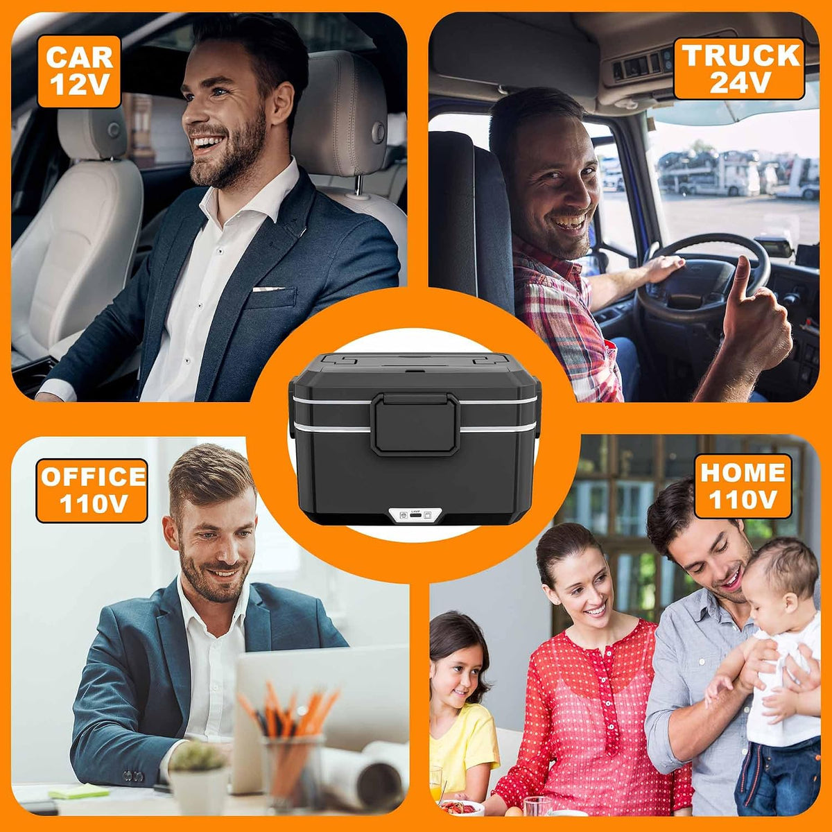 Electric Lunch Box for Adults Men 100W 3.5L, 12V/24V/110V | Portable Heated Lunch Box, 304 Stainless Steel & PP Material, Leak-Proof, Fast Heating, with Bag for Car Truck Office Work