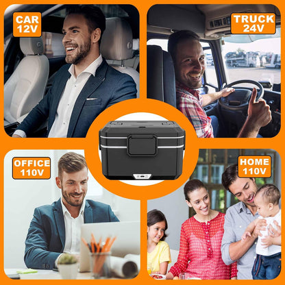 Electric Lunch Box for Adults Men 100W 3.5L, 12V/24V/110V | Portable Heated Lunch Box, 304 Stainless Steel & PP Material, Leak-Proof, Fast Heating, with Bag for Car Truck Office Work