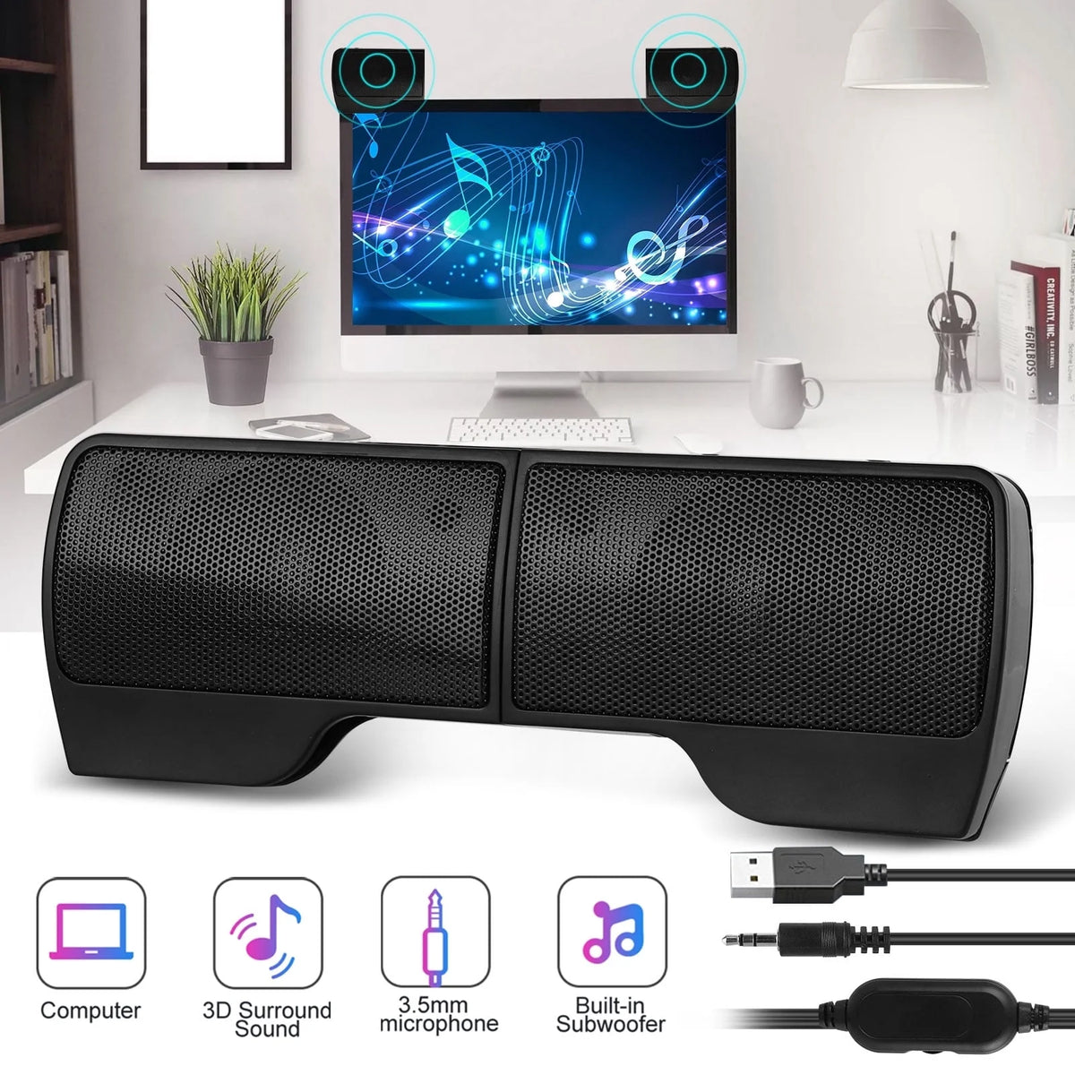 Computer Speakers for Laptop, Mini Clip-On Stereo Sound Bar USB Powered PC Speaker with Surround Bass, Volume Control, 3.5Mm Aux Wired Speaker for Desktop Monitor Notebook Tablets Smartphone