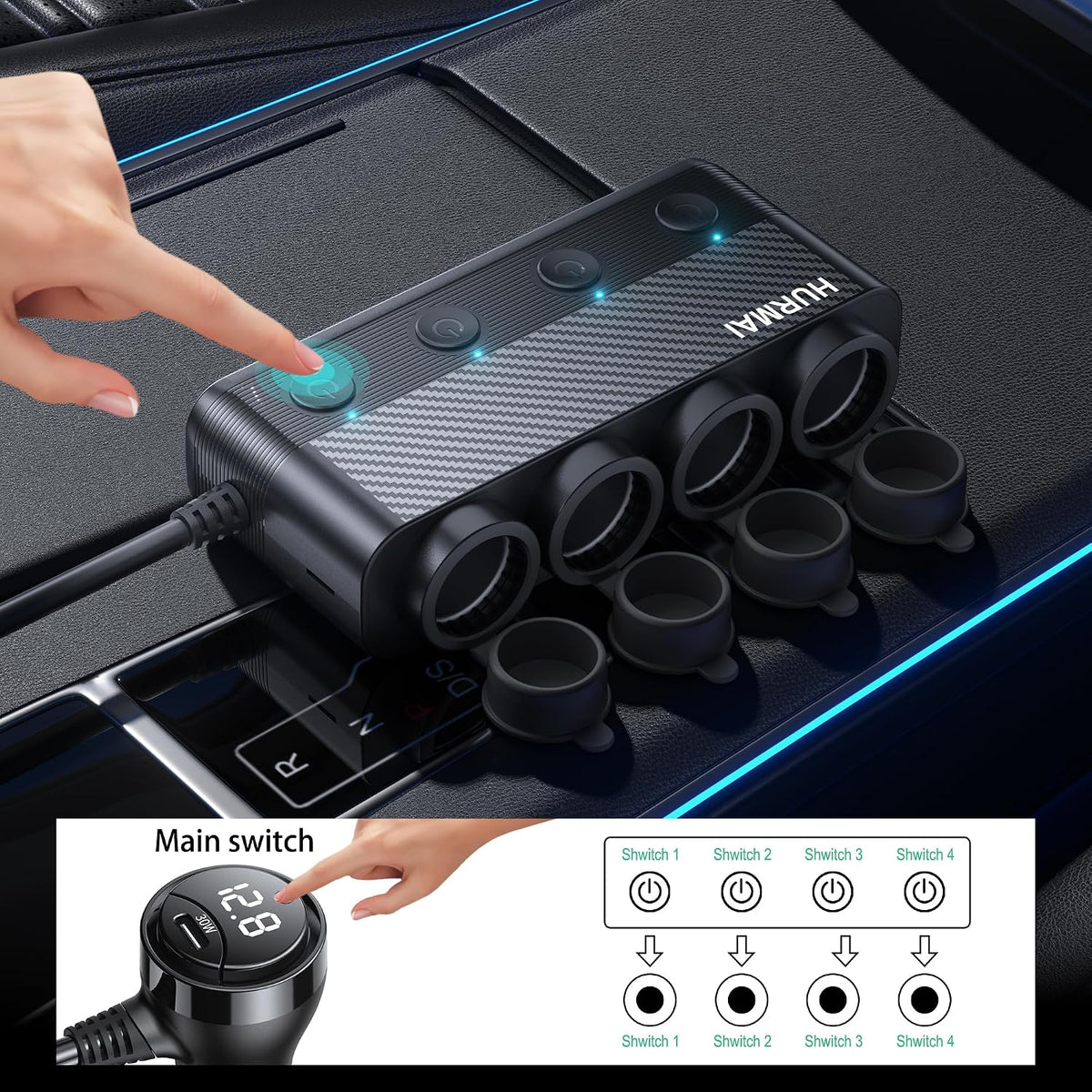 Cigarette Lighter Splitter 216W 4 Socket USB C Car Adapter | 216W PD30W & QC3.0 USB-C Fast Charge. 4 Sockets. 12V/24V. Independent Switches for Each Socket, Durable for Trucks/Cars.
