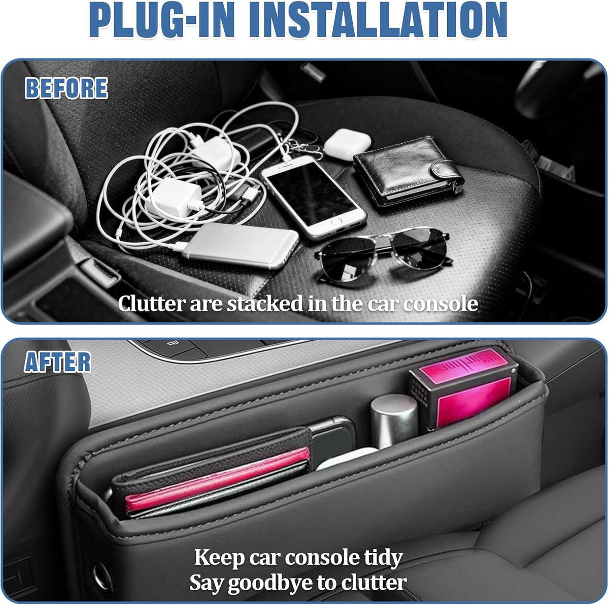 2 PCS Car Seat Gap Filler Organizer with Card Slots for Suv, Truck (Black) | Premium Leather Car Seat Gap Organizer Holder Women & Men, Cars Essentials for Phones, Cards, Keys
