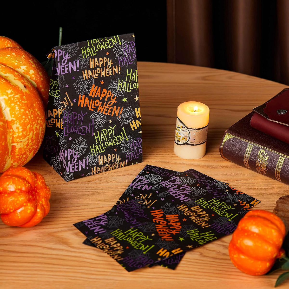 30-Pack Halloween Treat Bags for Kids Party Favor Bags, 9.1 X 5.1 X 3.1 Inch Paper Goodie Bags with Spider Web Design