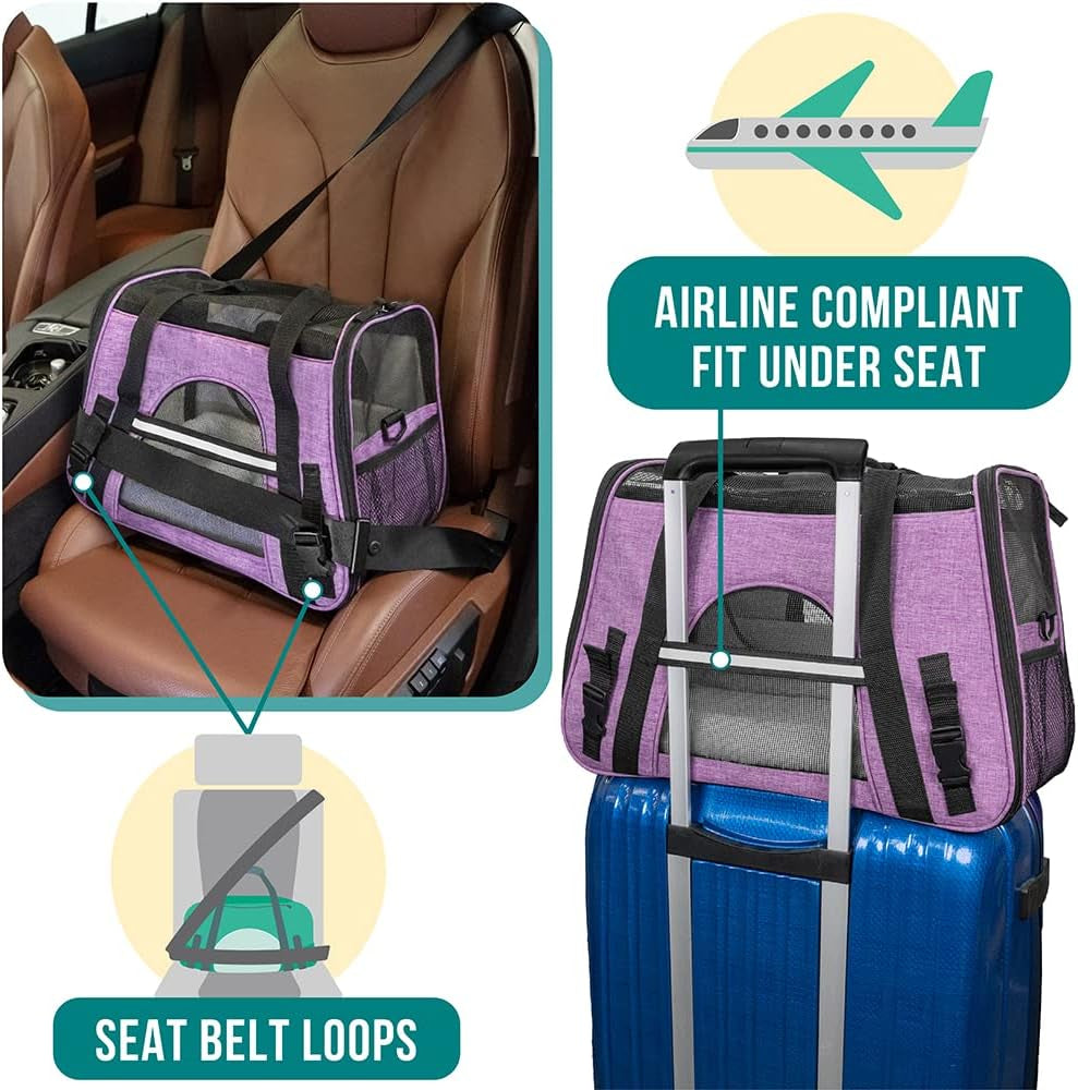Airline Approved Pet Carrier Cats & Small Dogs, Small Heather Purple | Soft Sided TSA Travel Bag, Sherpa Bed, Breathable Mesh Ventilation, Collapsible Bowl, Fits under Seat, up to 18 Lbs