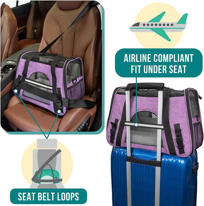 Airline Approved Pet Carrier Cats & Small Dogs, Small Heather Purple | Soft Sided TSA Travel Bag, Sherpa Bed, Breathable Mesh Ventilation, Collapsible Bowl, Fits under Seat, up to 18 Lbs