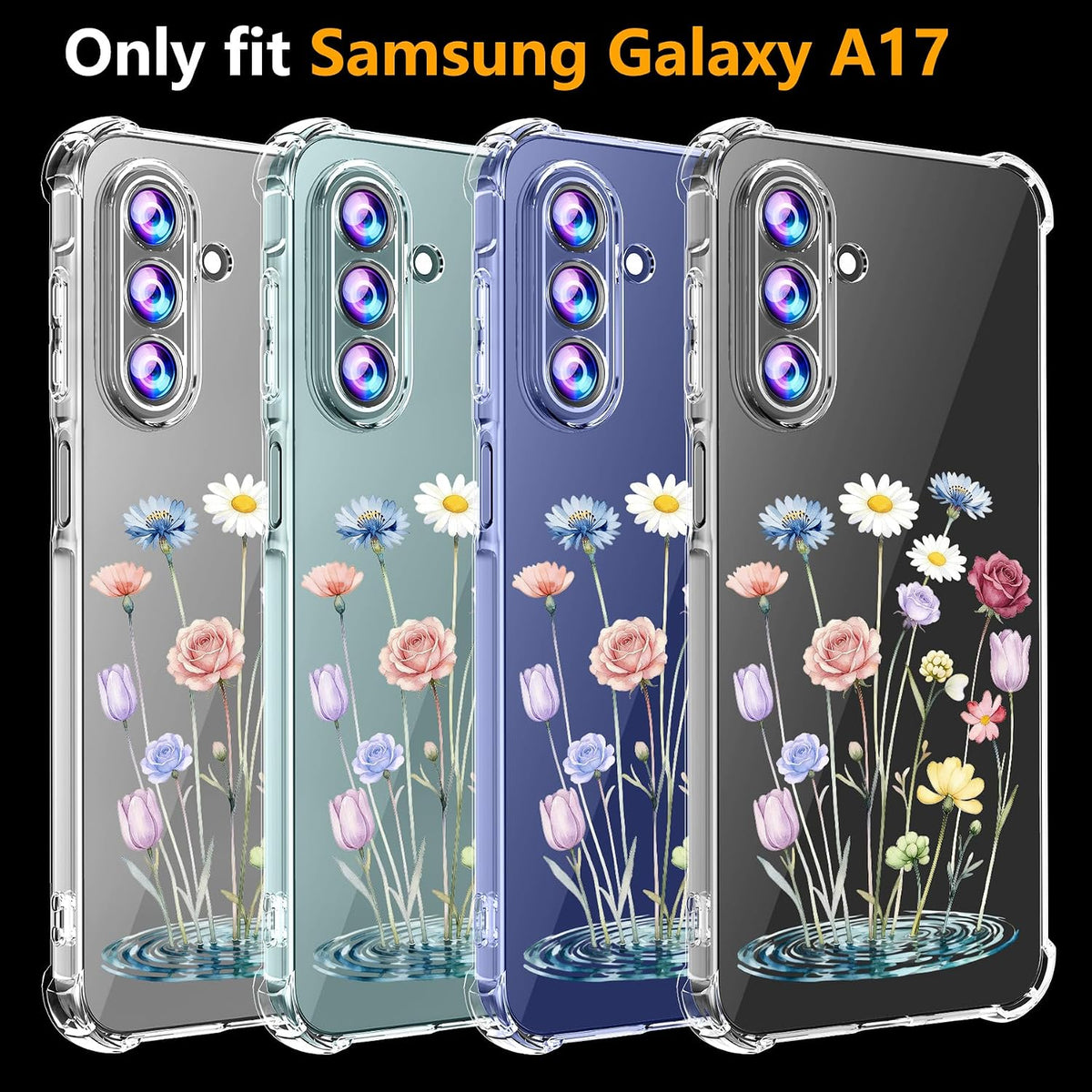 Phone Case for Samsung Galaxy A17 5G Case, Samsung A17 5G Case with Tempered Glass Screen Protector, Soft Flexible TPU Slim Fit Shockproof Phone Cover for Women Men Girl Boy (Clear-Flower)
