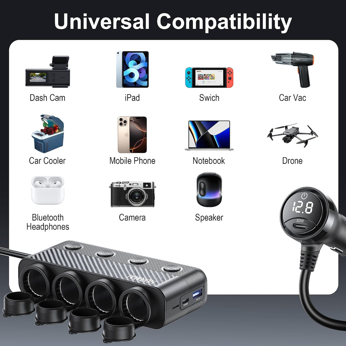 Cigarette Lighter Splitter 216W 4 Socket USB C Car Adapter | 216W PD30W & QC3.0 USB-C Fast Charge. 4 Sockets. 12V/24V. Independent Switches for Each Socket, Durable for Trucks/Cars.
