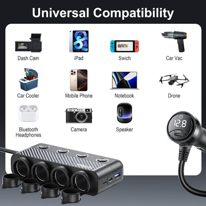 Cigarette Lighter Splitter 216W 4 Socket USB C Car Adapter | 216W PD30W & QC3.0 USB-C Fast Charge. 4 Sockets. 12V/24V. Independent Switches for Each Socket, Durable for Trucks/Cars.