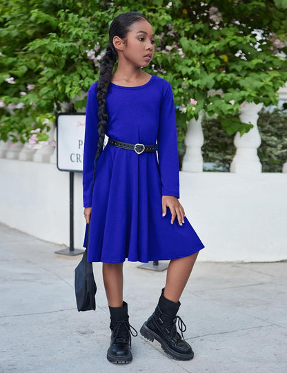 Girls Long Sleeve Stretchy a Line Twirly Skater School Party Dress | Girls Tween Holiday T-Shirt Classic Cotton Fall Winter Dress for Kids 1-14 Years