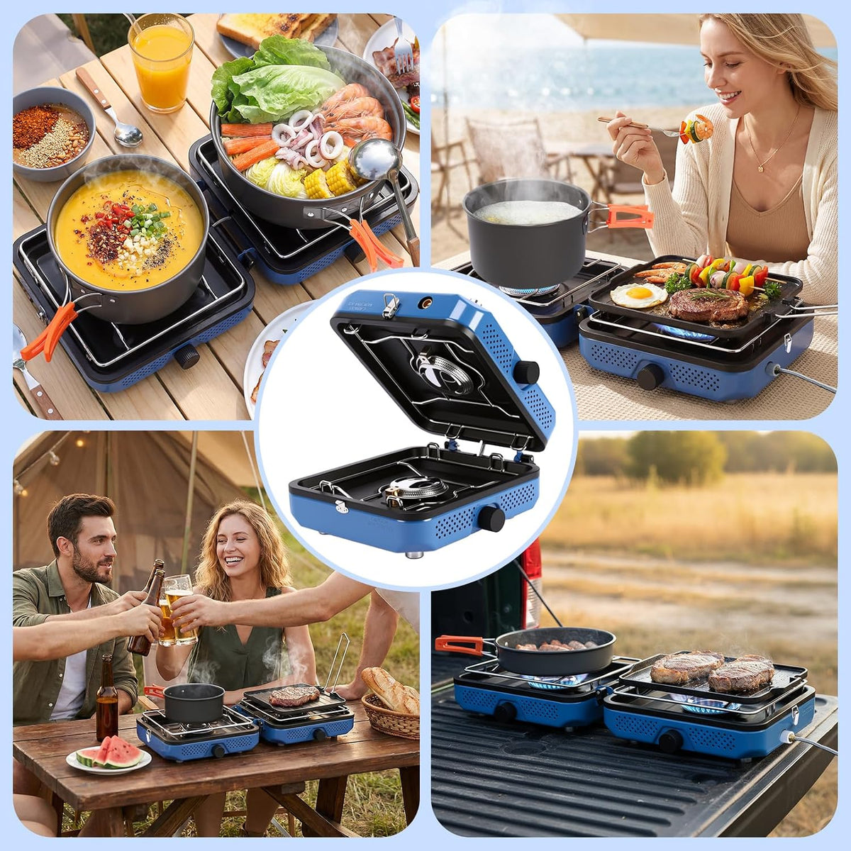 Camping Stove 2 Burner Foldable Propane Camping Stove with Cookware | 30000 BTU Perfect for Camping Backyard Tailgating,Portable Gas Stove with Cookware Set and Carry Bag, Outdoor Use,Blue