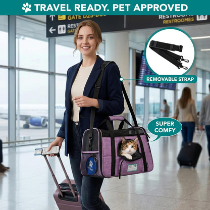 Airline Approved Pet Carrier Cats & Small Dogs, Small Heather Purple | Soft Sided TSA Travel Bag, Sherpa Bed, Breathable Mesh Ventilation, Collapsible Bowl, Fits under Seat, up to 18 Lbs