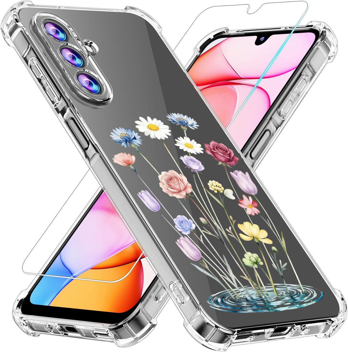 Phone Case for Samsung Galaxy A17 5G Case, Samsung A17 5G Case with Tempered Glass Screen Protector, Soft Flexible TPU Slim Fit Shockproof Phone Cover for Women Men Girl Boy (Clear-Flower)