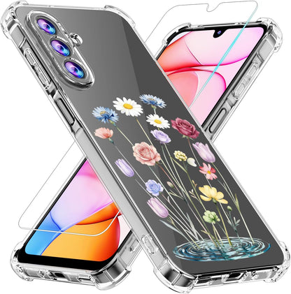 Phone Case for Samsung Galaxy A17 5G Case, Samsung A17 5G Case with Tempered Glass Screen Protector, Soft Flexible TPU Slim Fit Shockproof Phone Cover for Women Men Girl Boy (Clear-Flower)