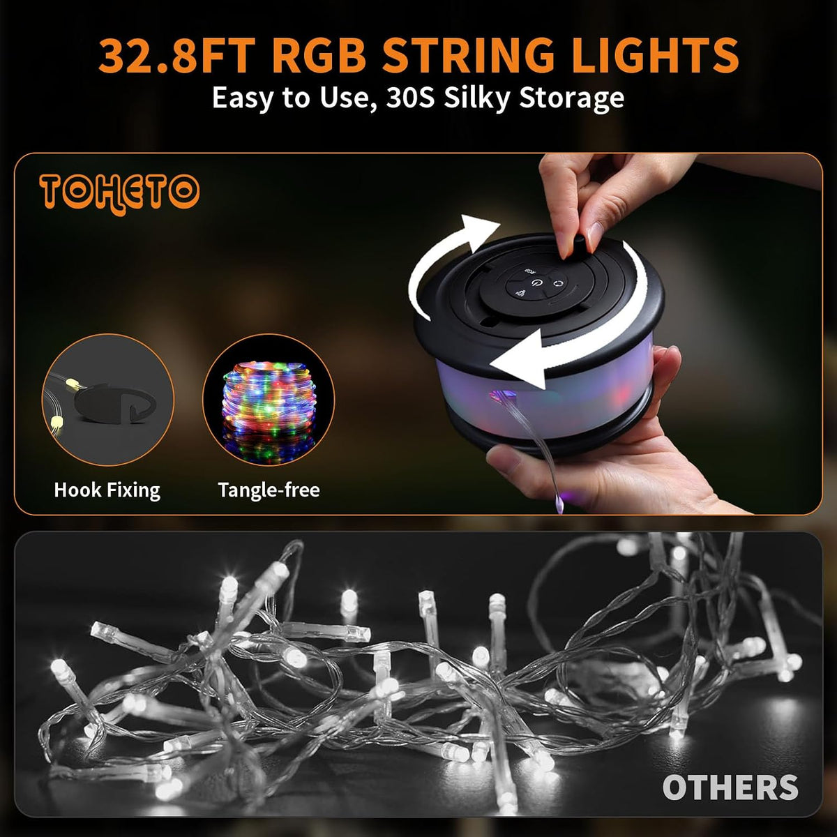 Camping String Lights, 3 in 1 Upgraded Retractable RGB Outdoor String Lights with 19 Lighting Modes, Quick 30S Recovery, 32.8 FT Portable Tent Lights, Rechargeable Camping Lantern (Black)