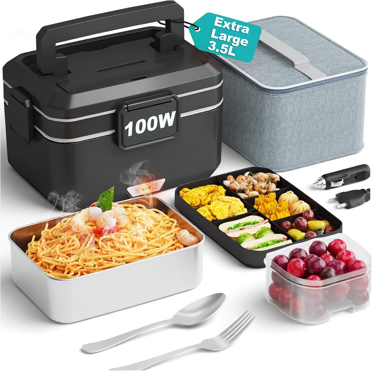 Electric Lunch Box for Adults Men 100W 3.5L, 12V/24V/110V | Portable Heated Lunch Box, 304 Stainless Steel & PP Material, Leak-Proof, Fast Heating, with Bag for Car Truck Office Work