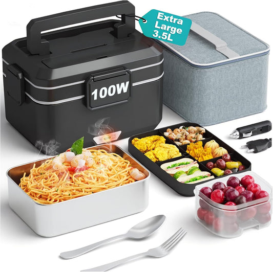 Electric Lunch Box for Adults Men 100W 3.5L, 12V/24V/110V | Portable Heated Lunch Box, 304 Stainless Steel & PP Material, Leak-Proof, Fast Heating, with Bag for Car Truck Office Work