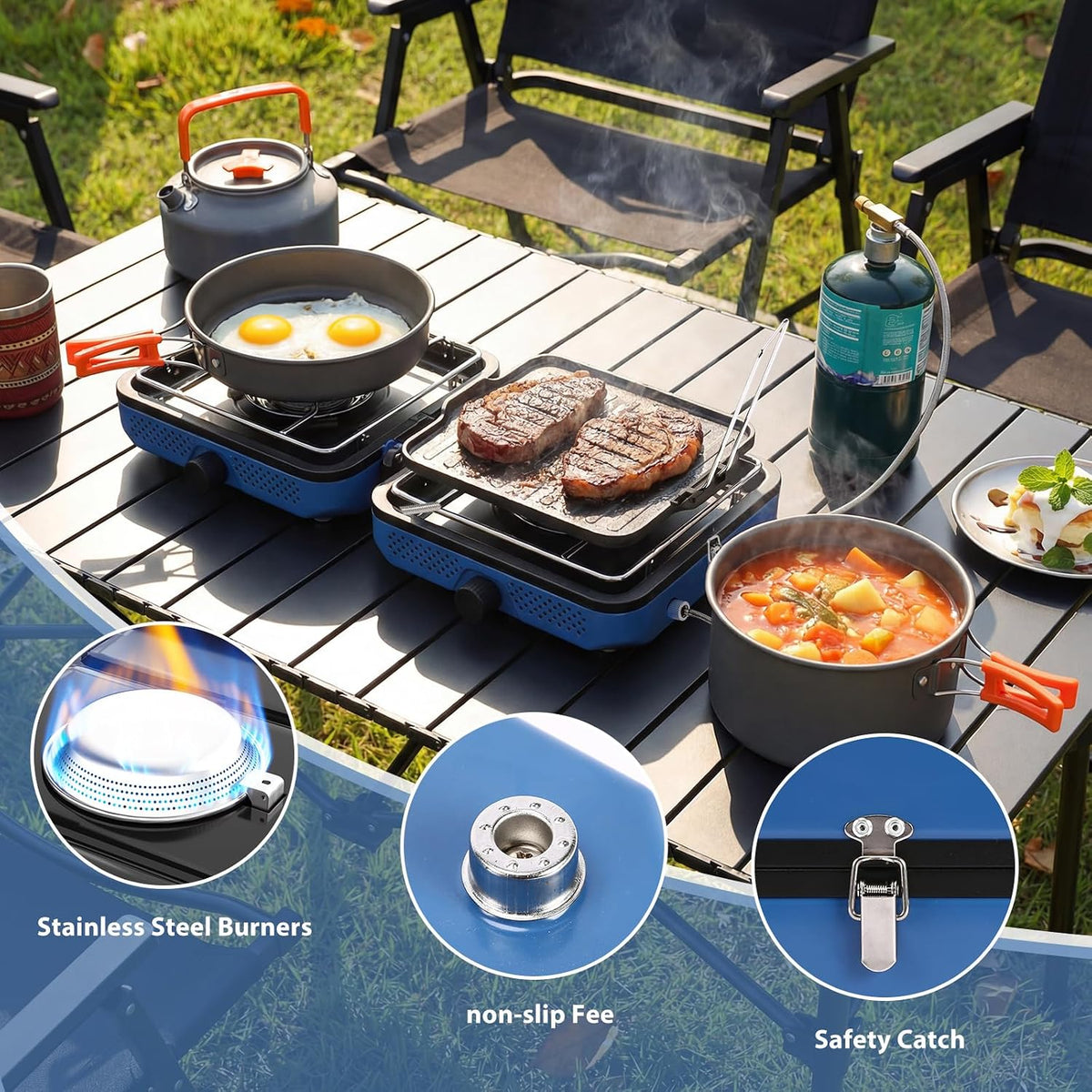Camping Stove 2 Burner Foldable Propane Camping Stove with Cookware | 30000 BTU Perfect for Camping Backyard Tailgating,Portable Gas Stove with Cookware Set and Carry Bag, Outdoor Use,Blue
