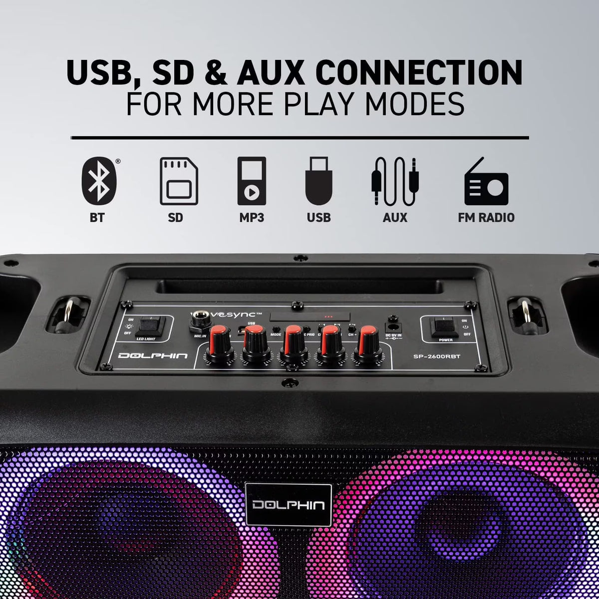 SP-2600RBT Boombox Speaker with Mic Input & Sound-Activated Light, Bluetooth & USB, Play Music Anywhere