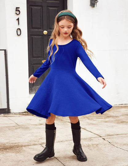 Girls Long Sleeve Stretchy a Line Twirly Skater School Party Dress | Girls Tween Holiday T-Shirt Classic Cotton Fall Winter Dress for Kids 1-14 Years